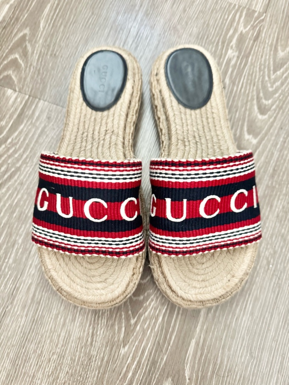 Gucci Red, Navy & White Logo Slide Espadrille Sandals